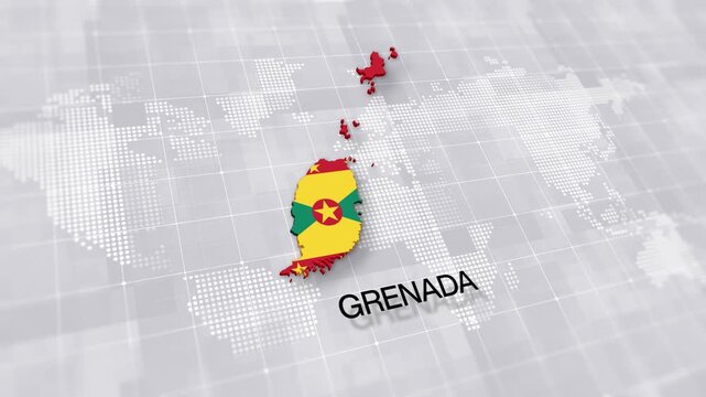 Grenada map with national flag on minimal digital world map background, global political, geographic border for international news concept with white background