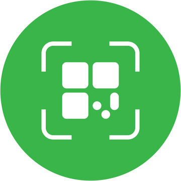 Green QR code scanner icon, digital barcode reader and mobile scanning symbol inside a circle badge