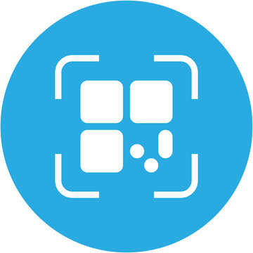 White QR code scanner symbol inside blue round vector icon button