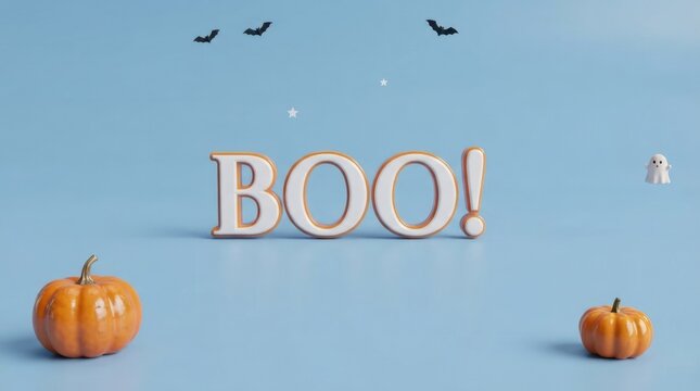 Halloween spooky 3d text boo with pumpkins and bats