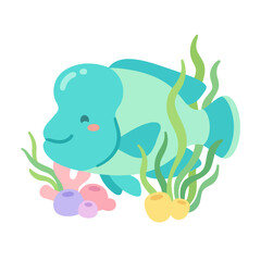 Obraz premium Cute cartoon fish swimming among coral and seaweed.