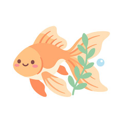 Obraz premium Cute Cartoon Goldfish Swimming with Plant and Bubbles.