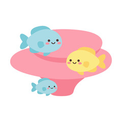 Fototapeta premium Three Cute Cartoon Fish Swimming Around a Pink Object.
