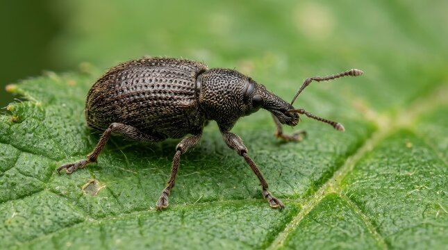 Close-up macro photography of a small black weevil beetle resting on a vibrant green leaf in nature