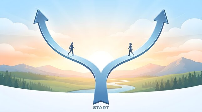 People walking on diverging path arrows towards sunset over a landscape background with direction