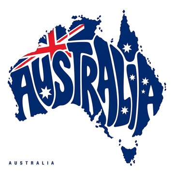 Australia map shape styled with national flag colors and typography australia geography illustration identity territory patriotic national typographic