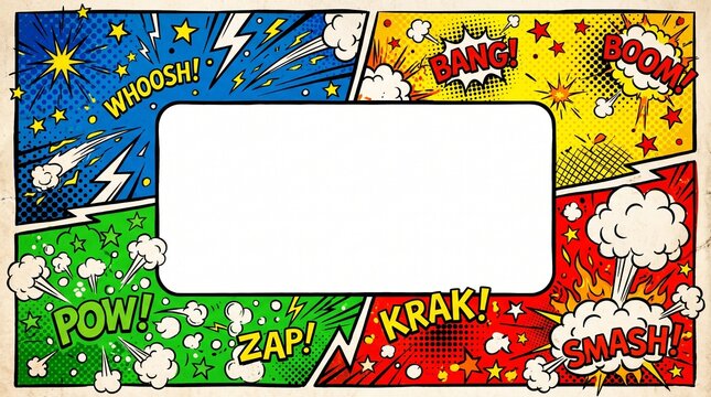 Pop Art Comic Style Border with Explosive Onomatopoeia
