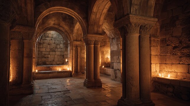 monastery. Ancient stone archways and columns illuminated by soft candlelight. real-estate listings, architecture portfolios, designed for real-estate listing and luxury residence showcases.