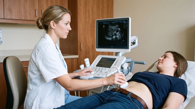 Female sonographer in white lab coat doing ultrasound scan on abdomen of patient in navy t-shirt and jeans