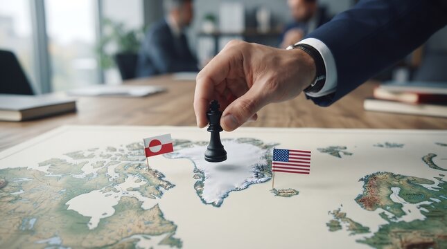 Hand moving black chess piece over map of Greenland flanked by tiny flags of Greenland and United States indicating geopolitical strategy and territorial interest