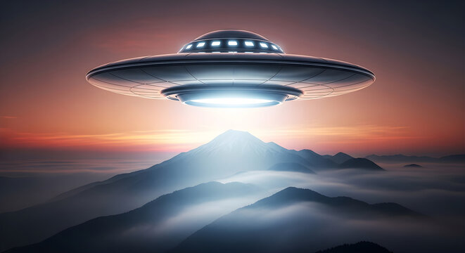 UFO Hovering Over a Misty Mountain Peak During a Dramatic Sunset Sky Featuring an Extraterrestrial Spacecraft Visiting Earth