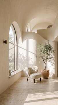 Modern minimalist room interior, with arched windows and potted olive tree, sitting near boucl&eacute; armchair, plaster wabi-sabi architectural setting, interior design photography wallpaper