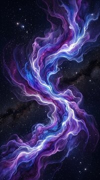 Purple and blue cosmic nebula wave, with glowing energy waves and bright stars, swirling in S curve shape, deep space setting, abstract galaxy digital artwork wallpaper