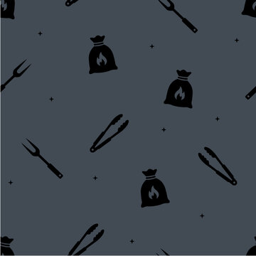 bbq grilling tools and charcoal seamless pattern on slate gray background
