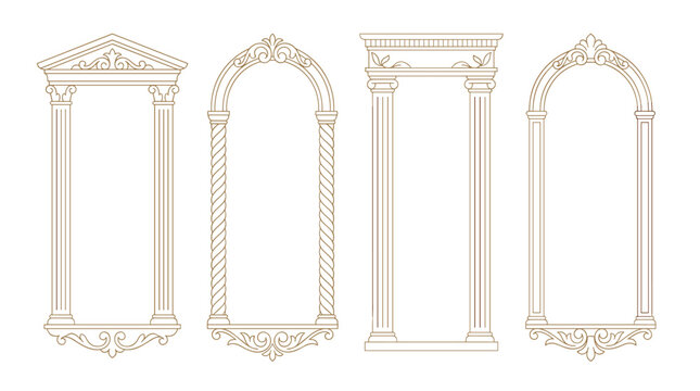 Set of four classical architectural frames, ornate brown line art borders, baroque pillars and elegant arch designs for vintage decor layouts