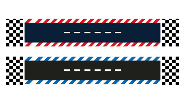 Horizontal racetrack banners with checkered finish line patterns, speedway road asphalt texture, racing sports championship signage for event