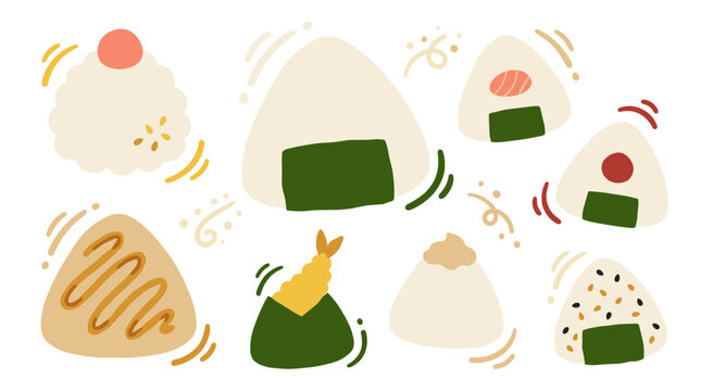 Set of various onigiri rice balls, traditional japanese snacks with seaweed and fillings, flat illustration, perfect for menu and food design