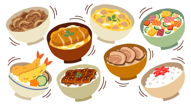 Set of assorted japanese rice bowl dishes like donburi, ramen, tempura, and katsu, delicious restaurant menu illustration, traditional meal variety