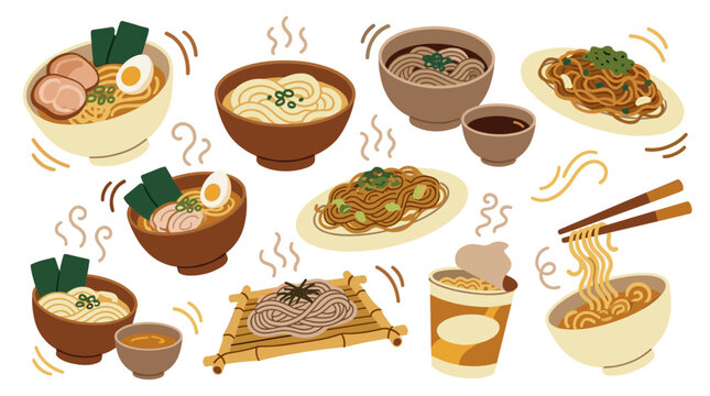 Set of assorted Japanese noodle dishes like ramen and soba in bowls with chopsticks, steaming hot steam, traditional oriental cuisine menu items