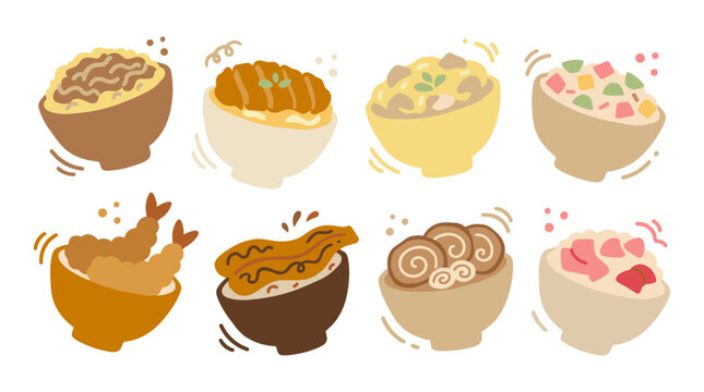 Set of assorted rice bowl dishes, traditional asian meals in flat style icons, delicious lunch options, culinary menu elements, fresh food servings