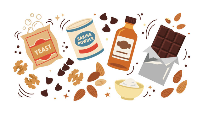 Baking ingredients collection with yeast, chocolate bar, nuts and powder, food preparation elements for recipes and cooking hobby illustrations