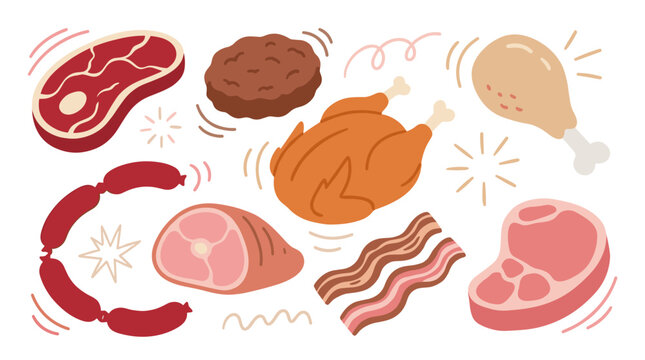 Set of raw and cooked meat products including steak, chicken, sausage, ham, and bacon, perfect for menu design, culinary icons, healthy protein
