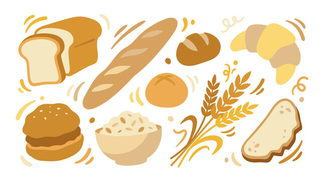 Set of fresh baked bread, baguette, croissant, bun, wheat stalks and pastry items for bakery shop menu, restaurant advertisement or kitchen decor