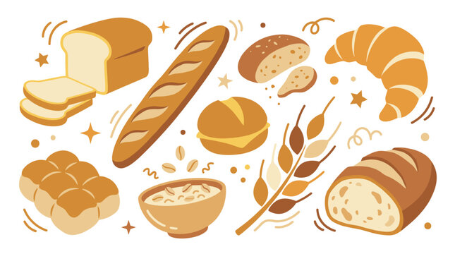 Assorted fresh bakery products collection featuring bread loaf baguette croissant and grains, food menu illustration, tasty wheat cereal snacks