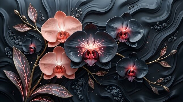 Dark floral arrangement with deep purple orchids and pink blooms on textured black background