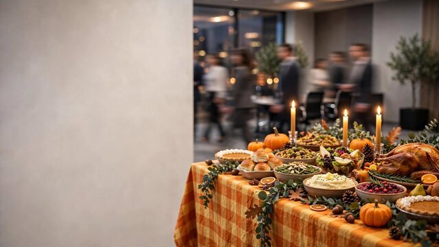 An office Thanksgiving celebration featuring coworkers enjoying a potluck spread on a table adorned with autumn decor