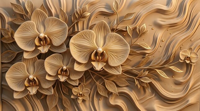Orchid flower relief sculpture carved into a textured beige stone wall