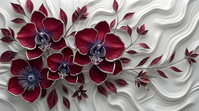 Deep red orchid flowers with silver edges on a white wavy textured background