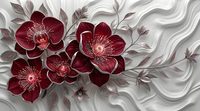 Dark red orchid flowers with silver edges on a white 3D wave background