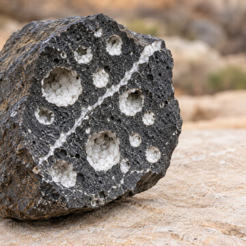 Vesicular basalt rock with white calcite filled cavities showing natural mineralization and rough texture on stone surface in outdoor setting
