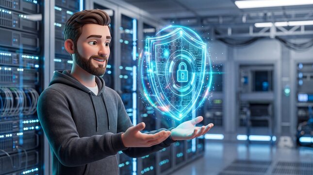 3D cartoon illustration of a bearded man presenting a glowing holographic shield with a padlock in a server room, symbolizing cybersecurity, data protection, and network security.