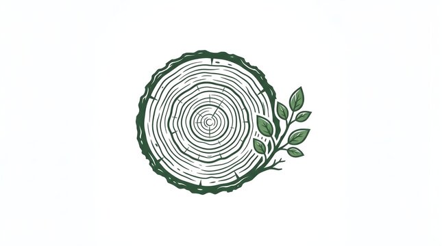 Illustration of a tree trunk cross section with growth rings and a small green leafy branch on a white background