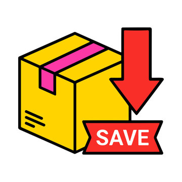 Yellow package box with red down arrow and save text cutout icon