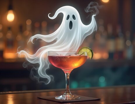 A ghostly figure made of smoke rises from a cocktail glass garnished with a lime slice, set against a blurred bar background with warm lighting.