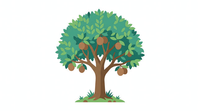 Sapodilla tree with green leaves and brown fruit isolated on a white background