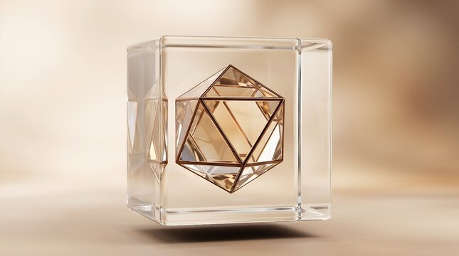 Abstract golden icosahedron suspended inside clear glass cube