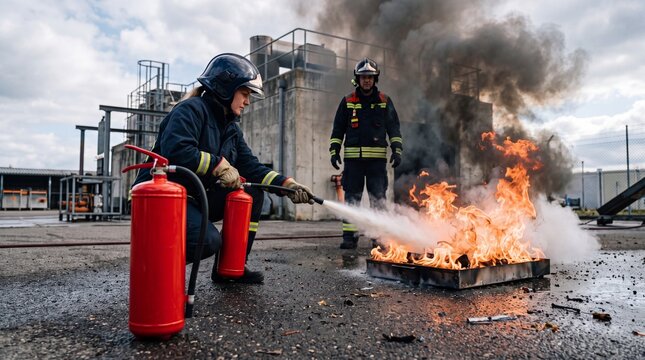 Fire safety training with firefighter using red extinguisher