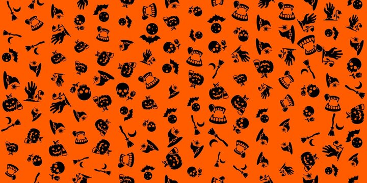 Seamless Halloween Pattern with Spooky Black Silhouette Icons on Orange Background