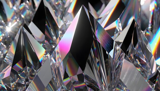 Abstract iridescent crystal peaks with sharp geometric facets and light refraction