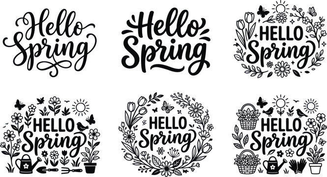 Set of six hello spring hand written lettering quotes with floral frames and decorative elements Vector, illustration