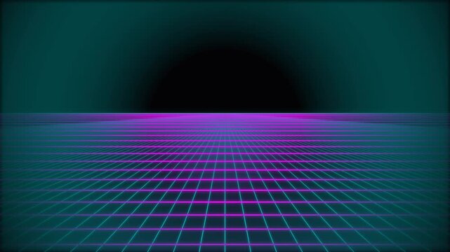 Retro Neon Grid Horizon Tunnel with Glowing Purple Lines and Teal Background