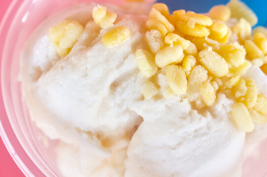 Macro of Thai coconut ice cream topped with mung beans