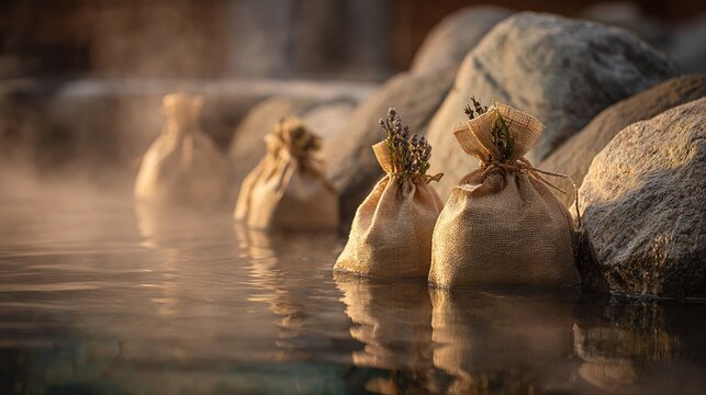 hydrotherapy. Herbal bath bags floating in steamy hot spring pool with soft ambient light. lifestyle magazines, social media lookbooks, designed for lifestyle magazines and social media content.