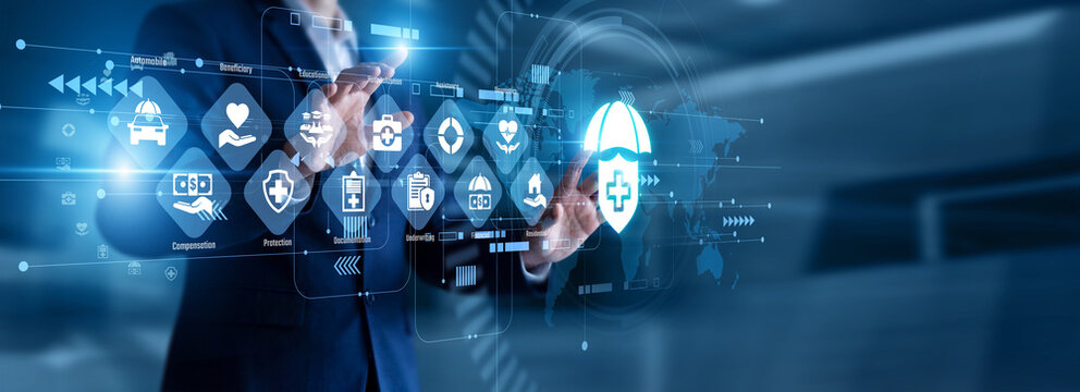 Risk assessor touch virtual screen reviewing policyholder claims and complex actuarial probability charts. Professional risk mitigation supported by modern digital Insurance systems.