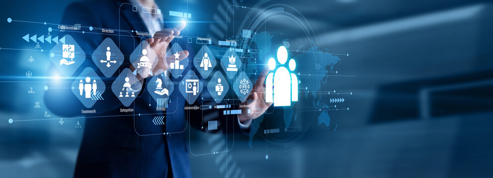 Executive officer touch virtual screen reviewing company vision and team productivity metrics. Effective corporate growth driven by strategic vision and inspiring Leadership skills.