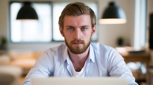 upper. A young professional works intently at a modern home office desk with soft natural light. lifestyle magazines, social media lookbooks, designed for influencer and brand collaborations.